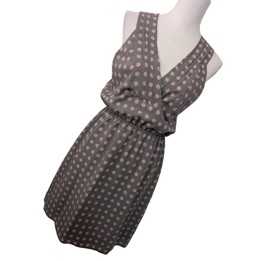 HAWTHORNE! GRAY & PINK SPOTTED V-NECK PLEATED BODICE ELASTIC WAIST DRESS! SZ S